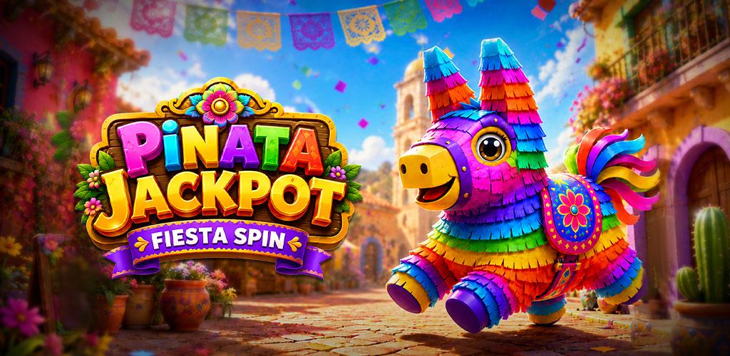 A festive street with paper flags, the Pinata Jackpot title, and a colourful piñata donkey
